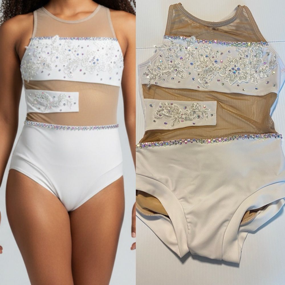AA dance solo costume white meadow leotard mesh cut out custom rhinestoned LC